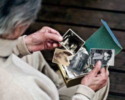 Elderly citizen looking through old pictures